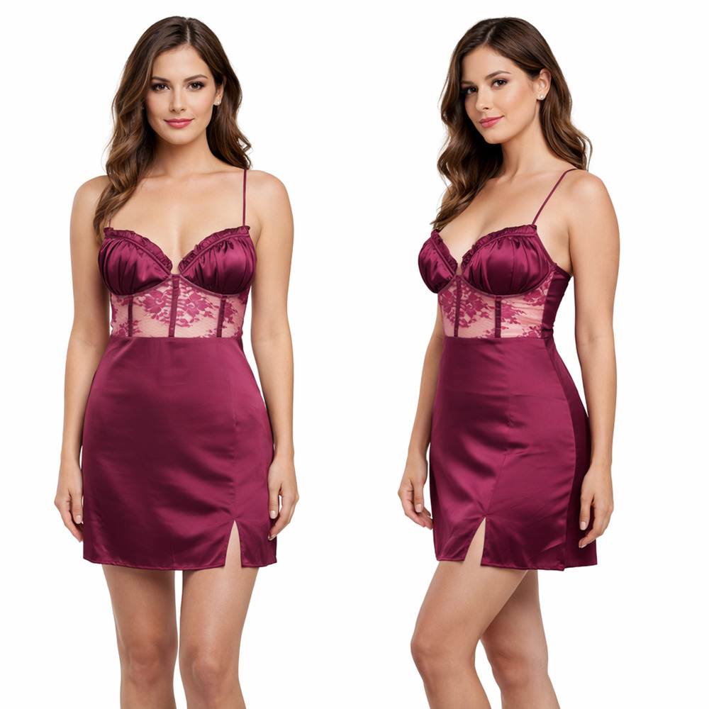 NWT Selfie Leslie Silky Womens XL Burgundy Lace Bodice Slip Sexy Dress Babydoll